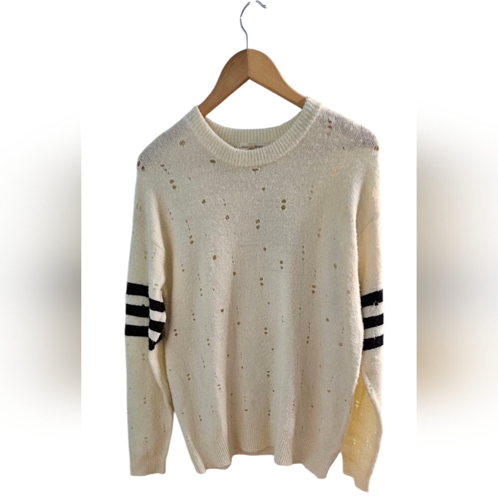 Gilded Intent - Fun Distressed Rugged Cream Sweater with Black Stripes - Picture 2 of 9